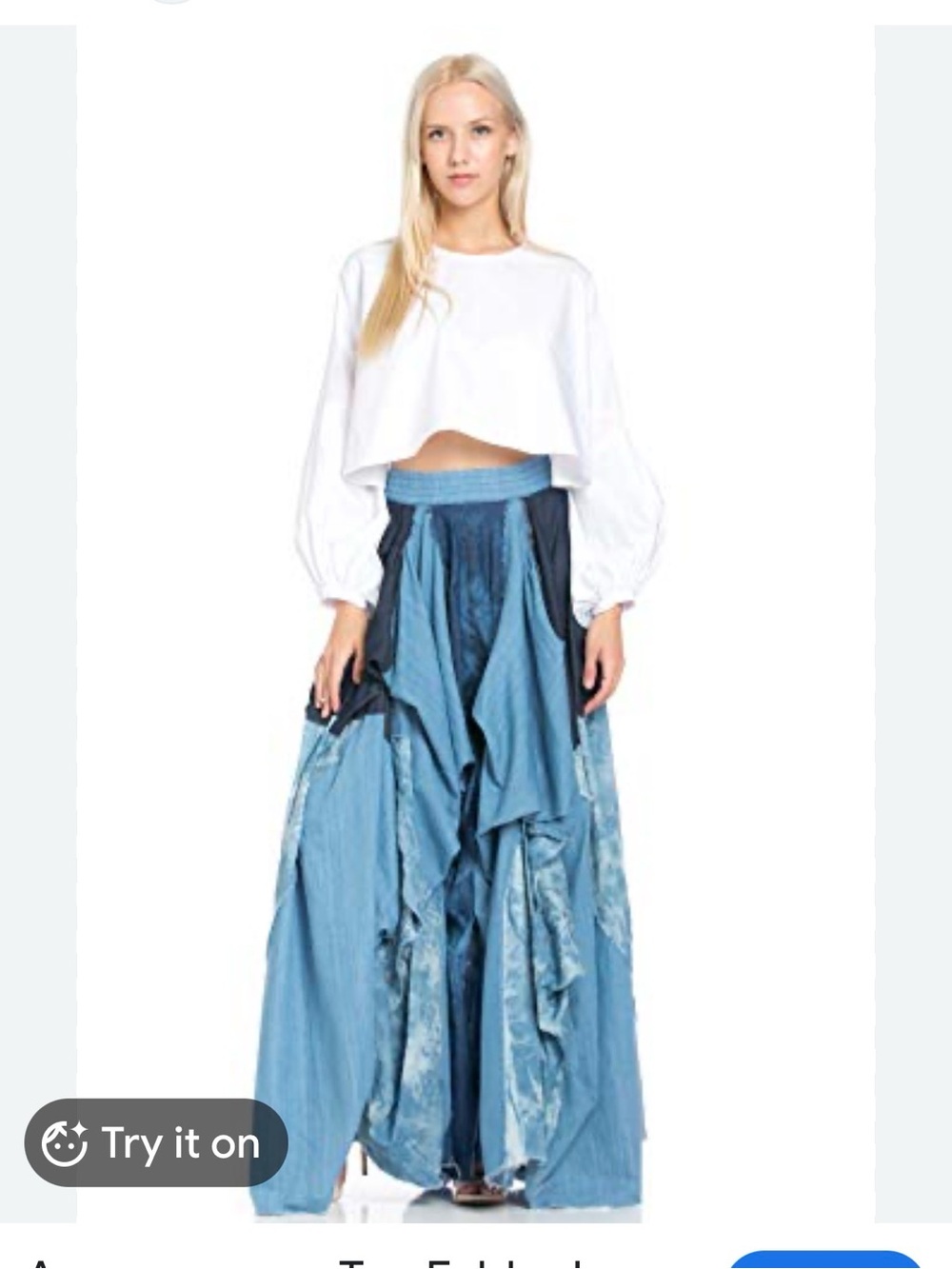 Tov boho Layered Denim Maxi Skirt in Light Blues.